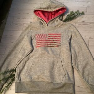 Mossy Oak Pink and Gray Hoodie with Flag Design